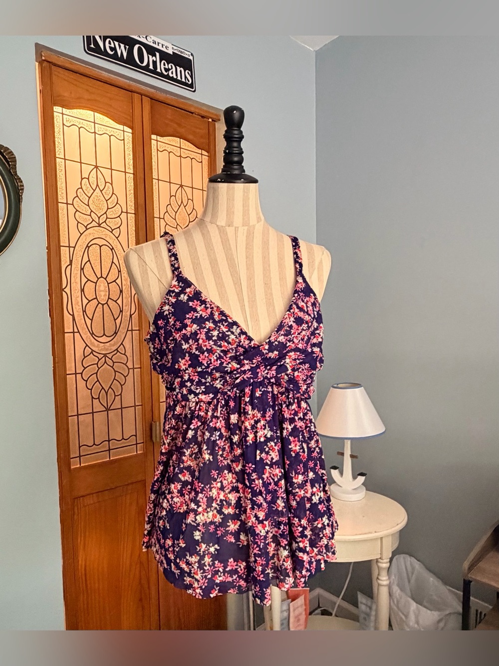 Express Navy and Pink Floral V-Neck Top